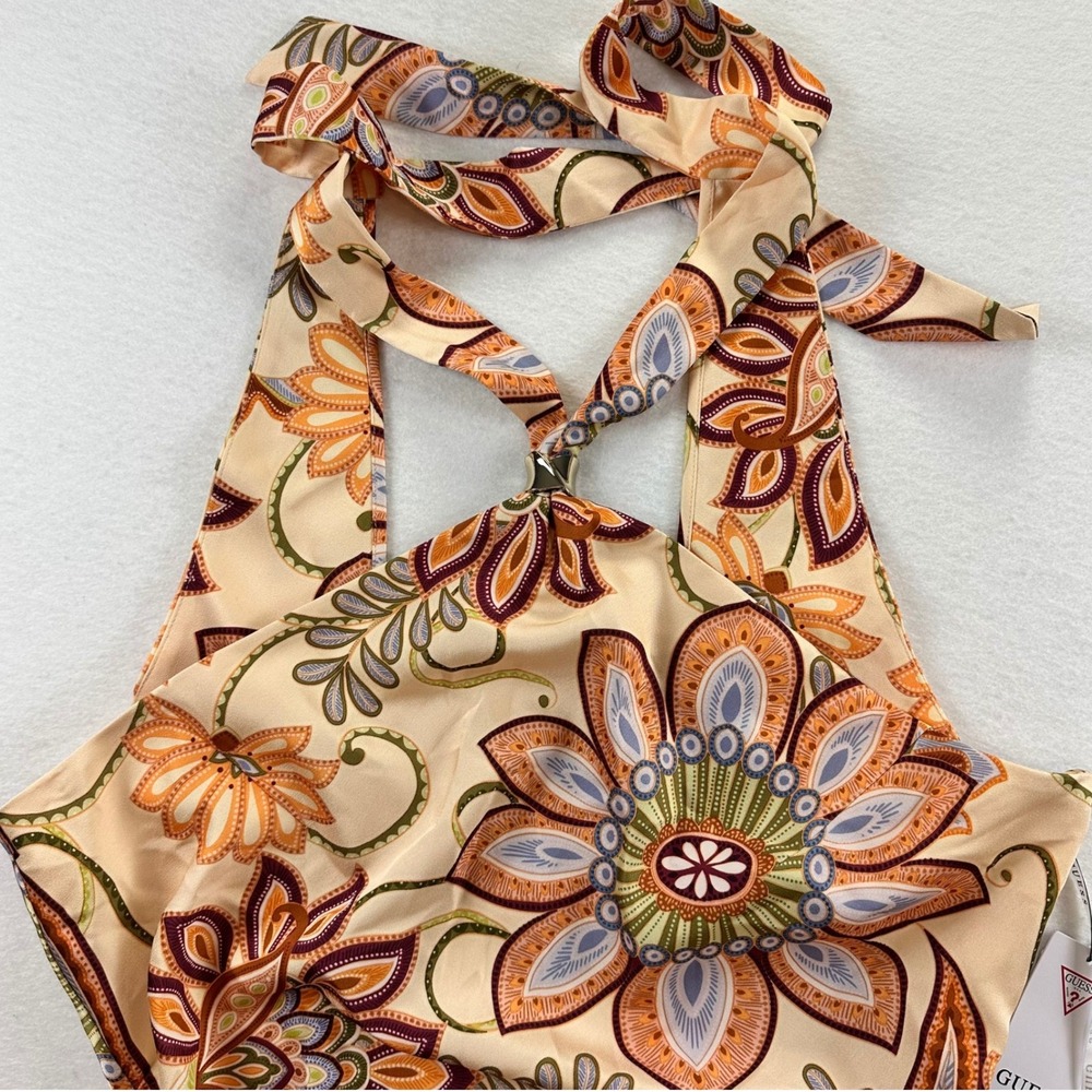 GUESS Southwest Jacobean Print Marsha Dress 14 NEW Peach Multi Halter Midi Foral - Picture 12 of 16